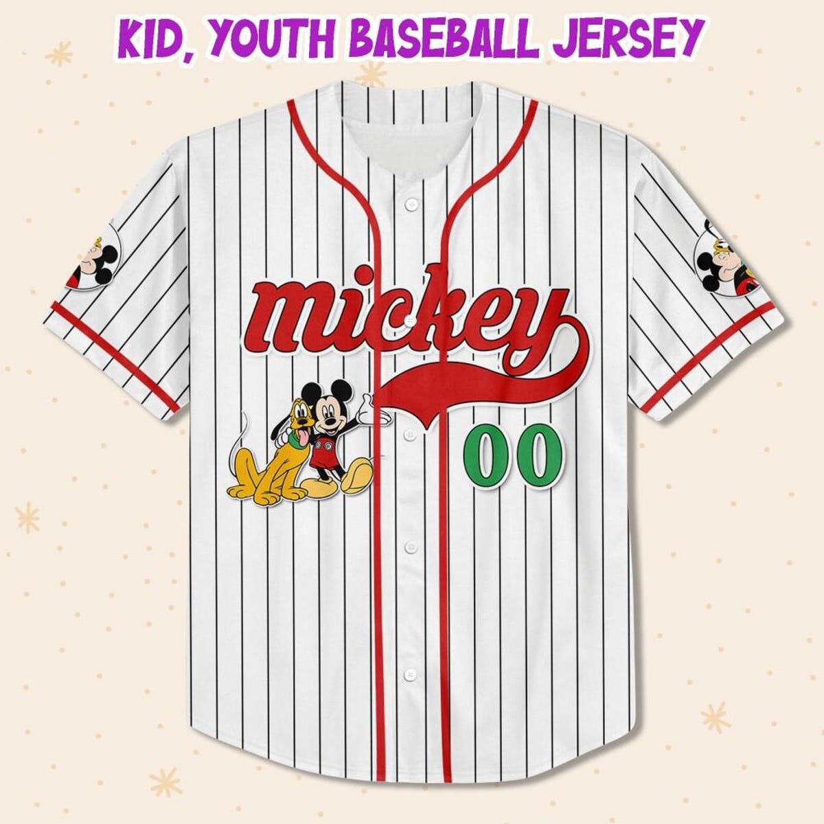 Personalize Disney Mickey Mouse And Pluto White Red Baseball Jersey 2