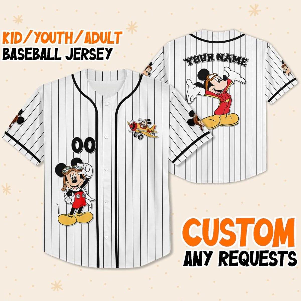 Personalize Disney Mickey Mouse Fly A Plane White Black Baseball Jersey 1