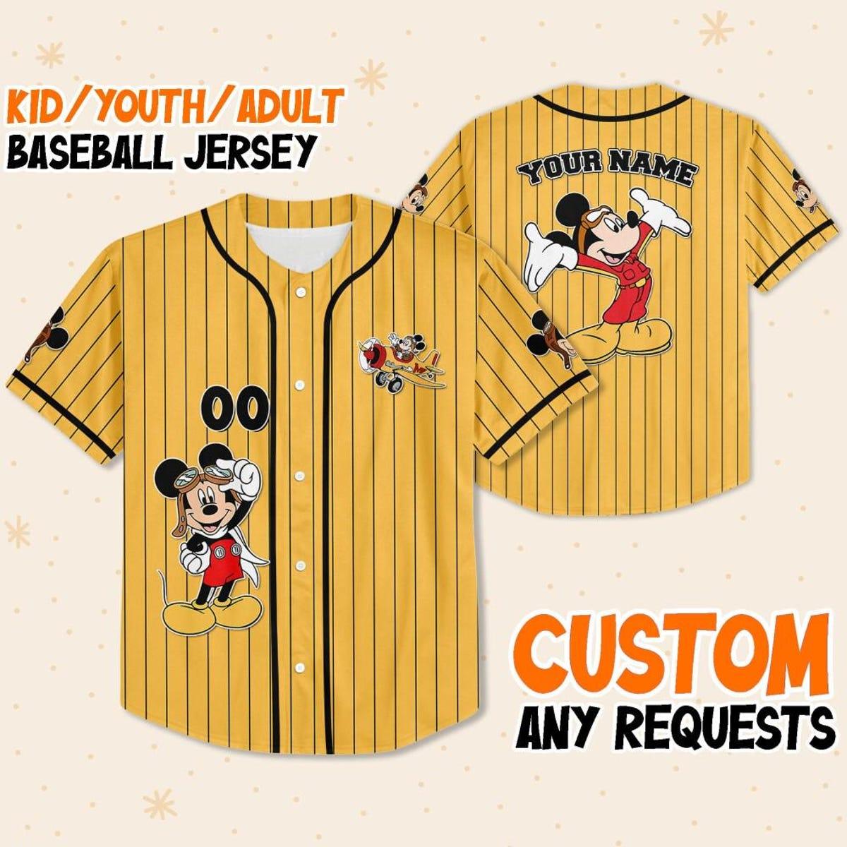 Personalize Disney Mickey Mouse Fly A Plane Yellow Black Baseball Jersey 1