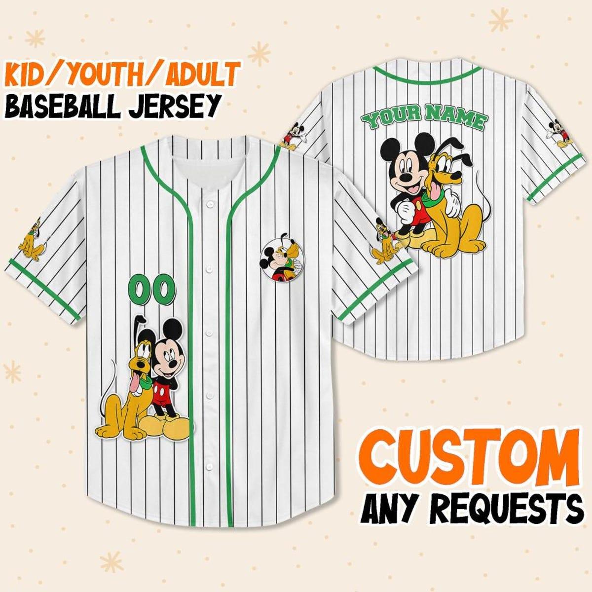 Personalize Disney Mickey Mouse Play With Pluto White Green Baseball Jersey 1