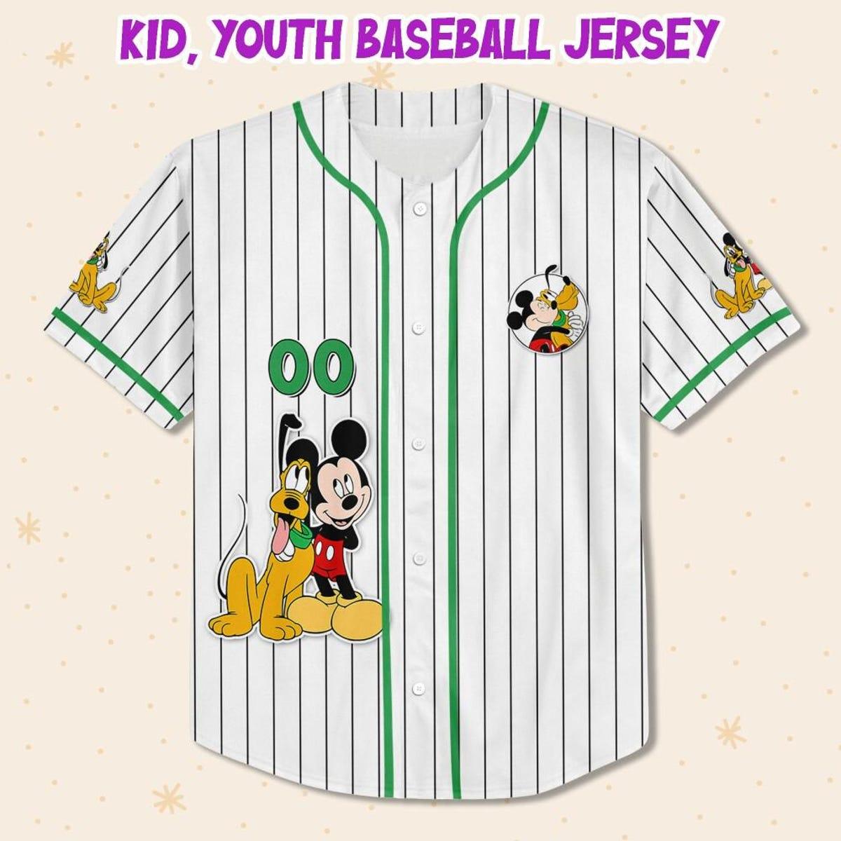 Personalize Disney Mickey Mouse Play With Pluto White Green Baseball Jersey 2