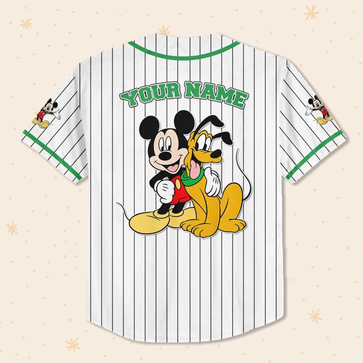 Personalize Disney Mickey Mouse Play With Pluto White Green Baseball Jersey 3