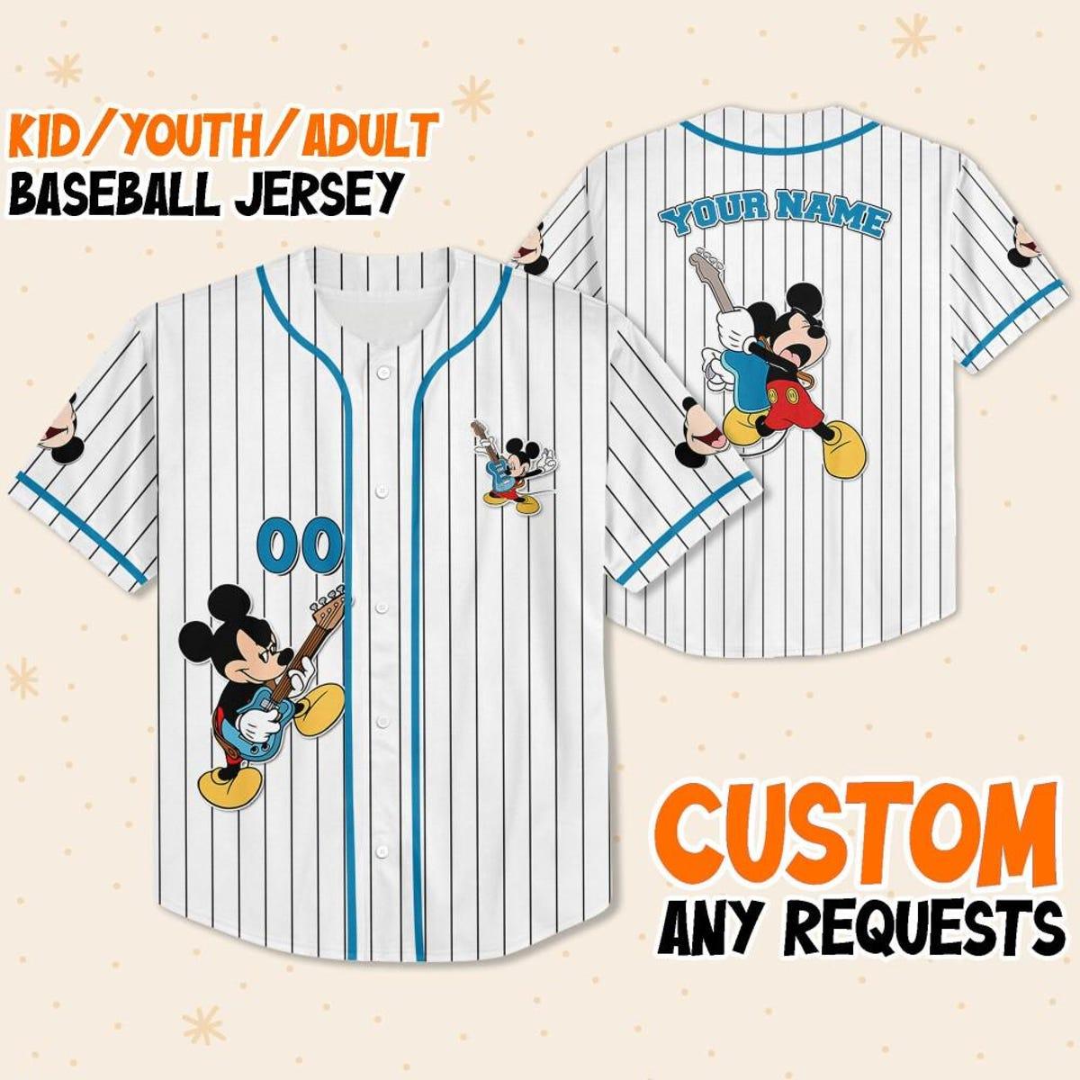 Personalize Disney Mickey Mouse Rock And Roll White Cyan Baseball Jersey 1