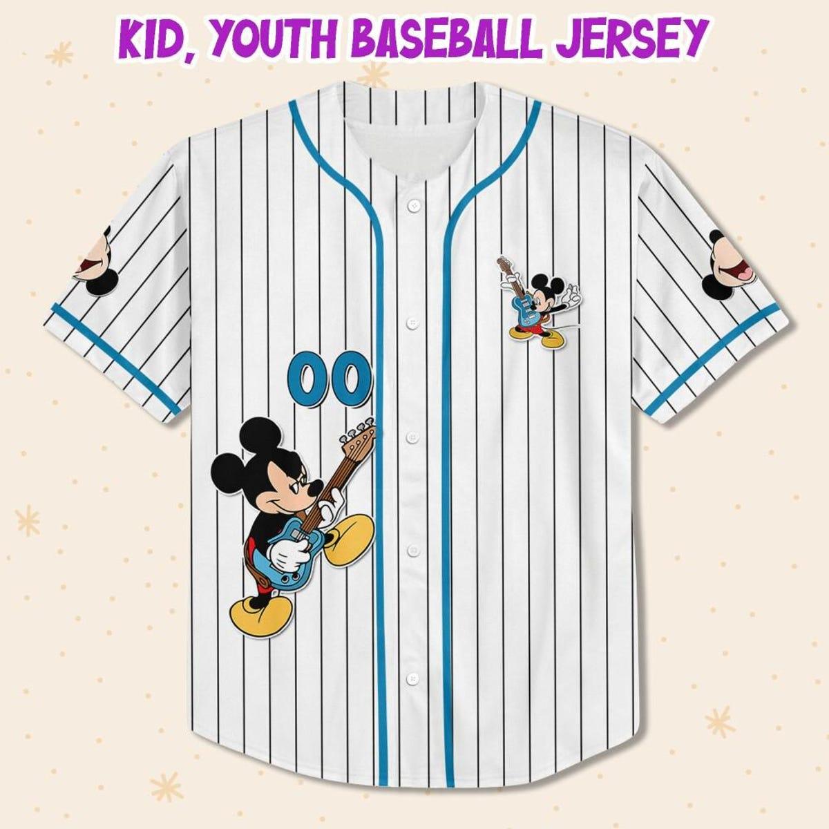 Personalize Disney Mickey Mouse Rock And Roll White Cyan Baseball Jersey 2