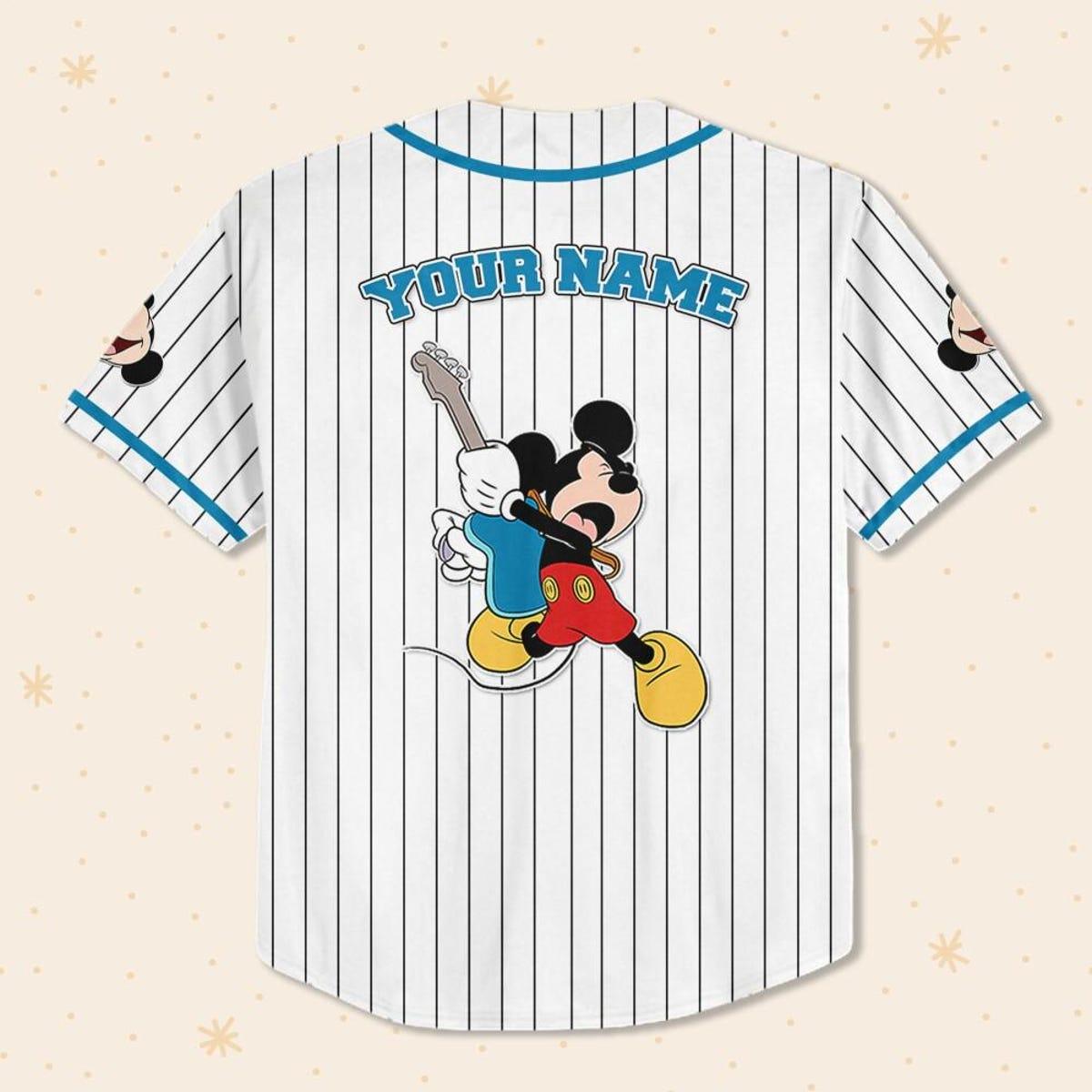 Personalize Disney Mickey Mouse Rock And Roll White Cyan Baseball Jersey 3