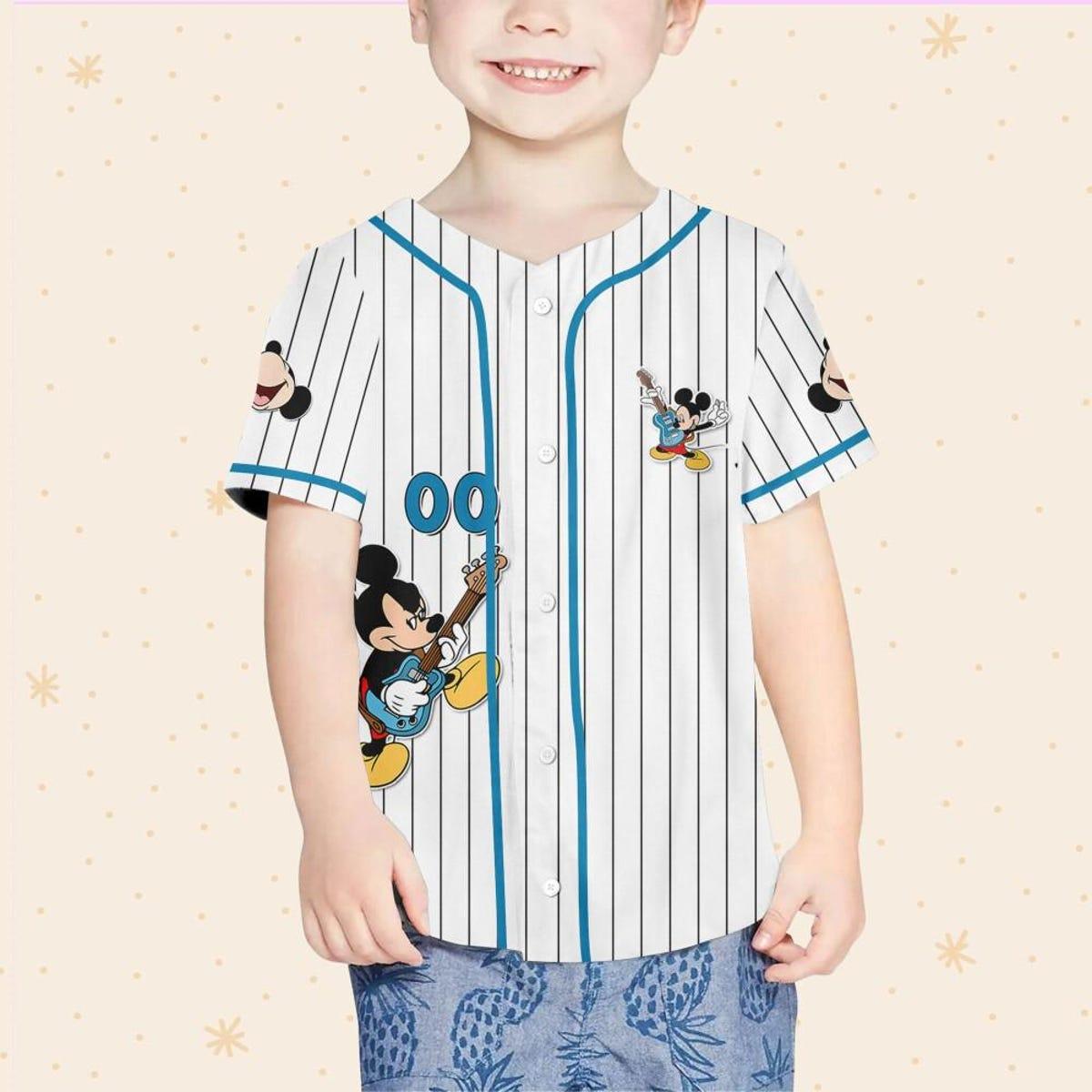 Personalize Disney Mickey Mouse Rock And Roll White Cyan Baseball Jersey 4