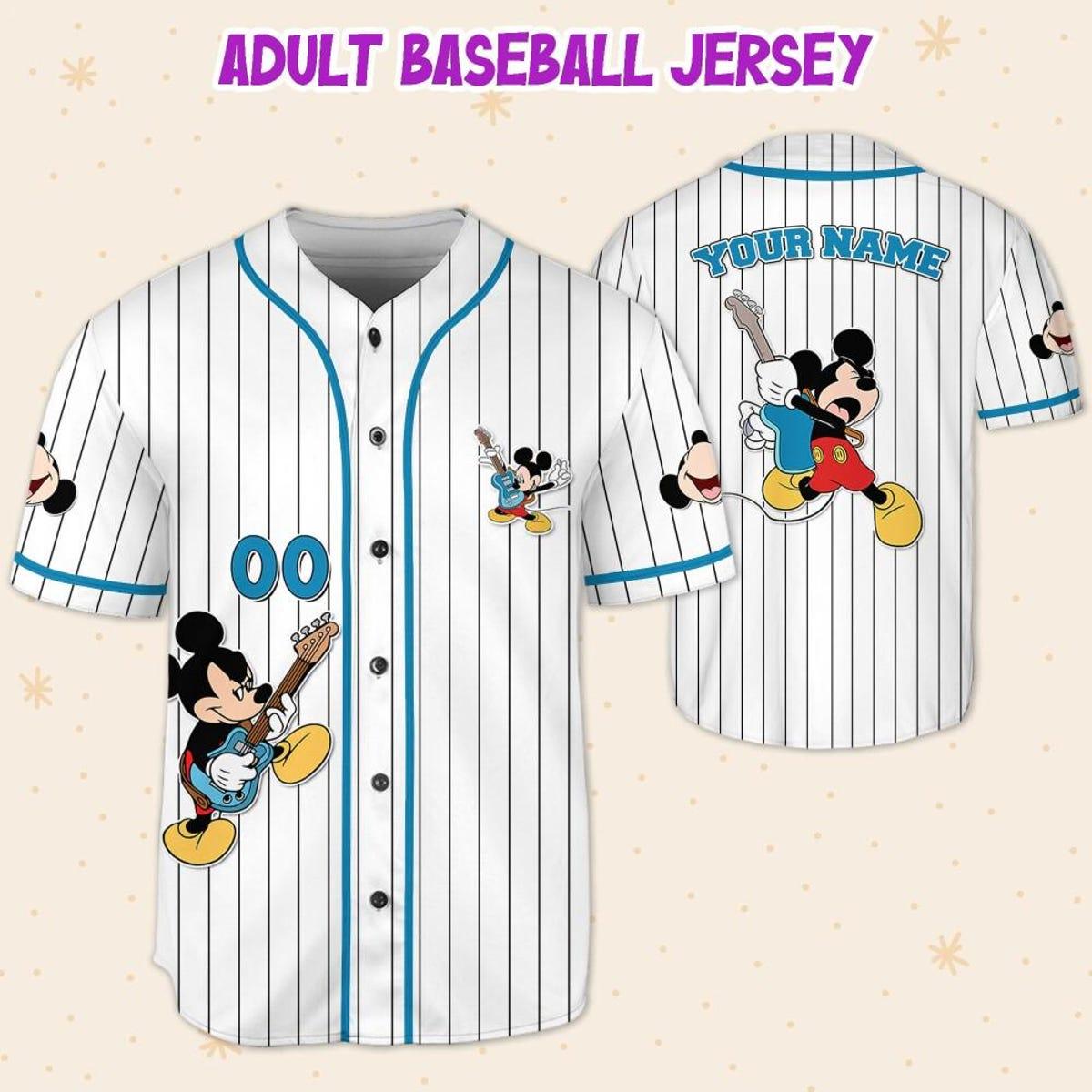 Personalize Disney Mickey Mouse Rock And Roll White Cyan Baseball Jersey 5