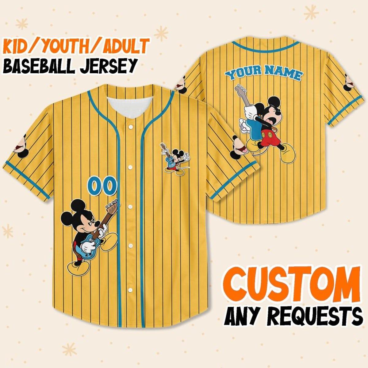 Personalize Disney Mickey Mouse Rock And Roll Yellow Cyan Baseball Jersey 1