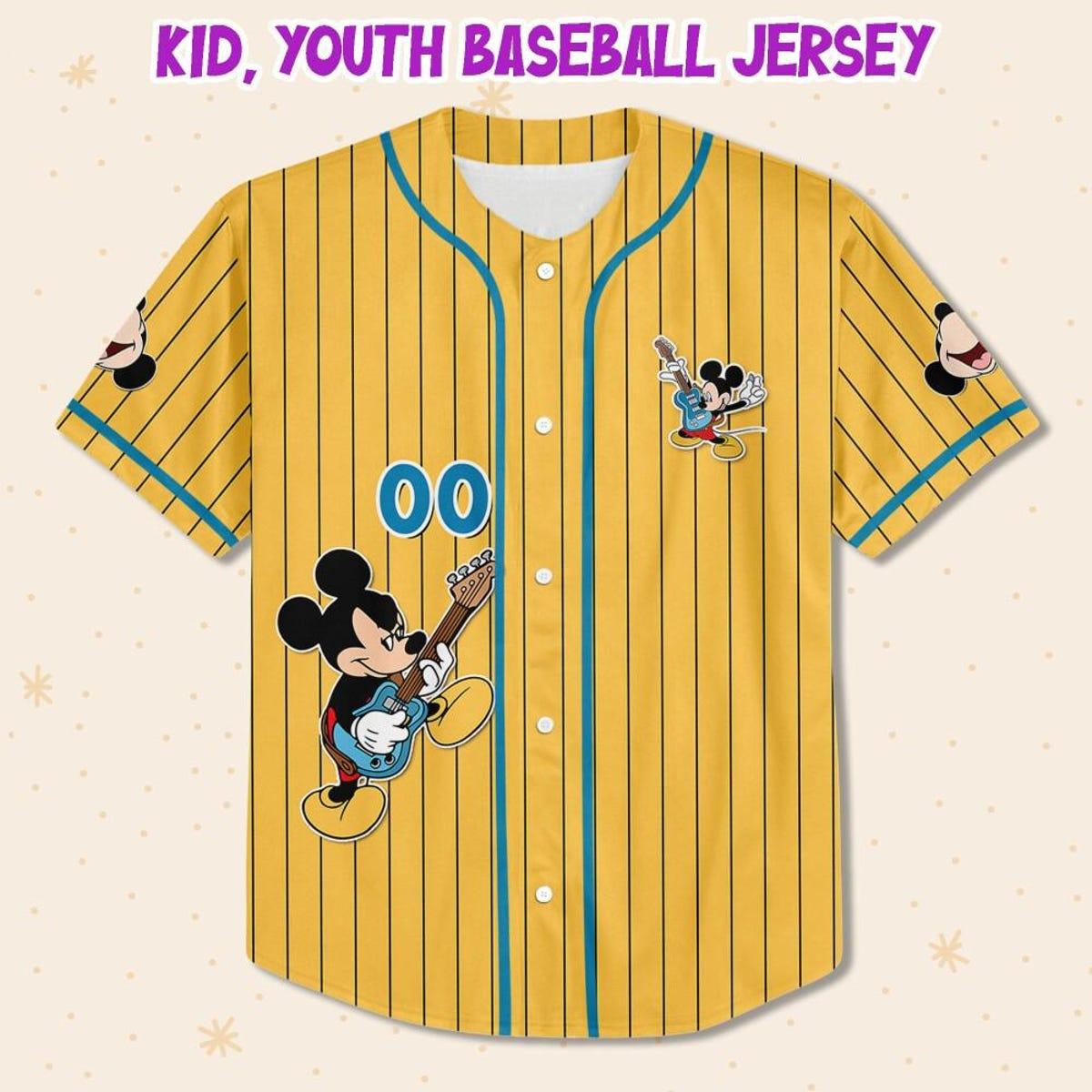 Personalize Disney Mickey Mouse Rock And Roll Yellow Cyan Baseball Jersey 2