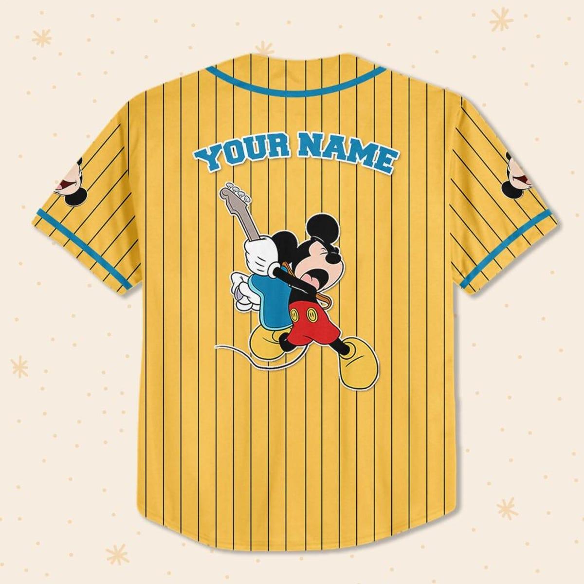 Personalize Disney Mickey Mouse Rock And Roll Yellow Cyan Baseball Jersey 3