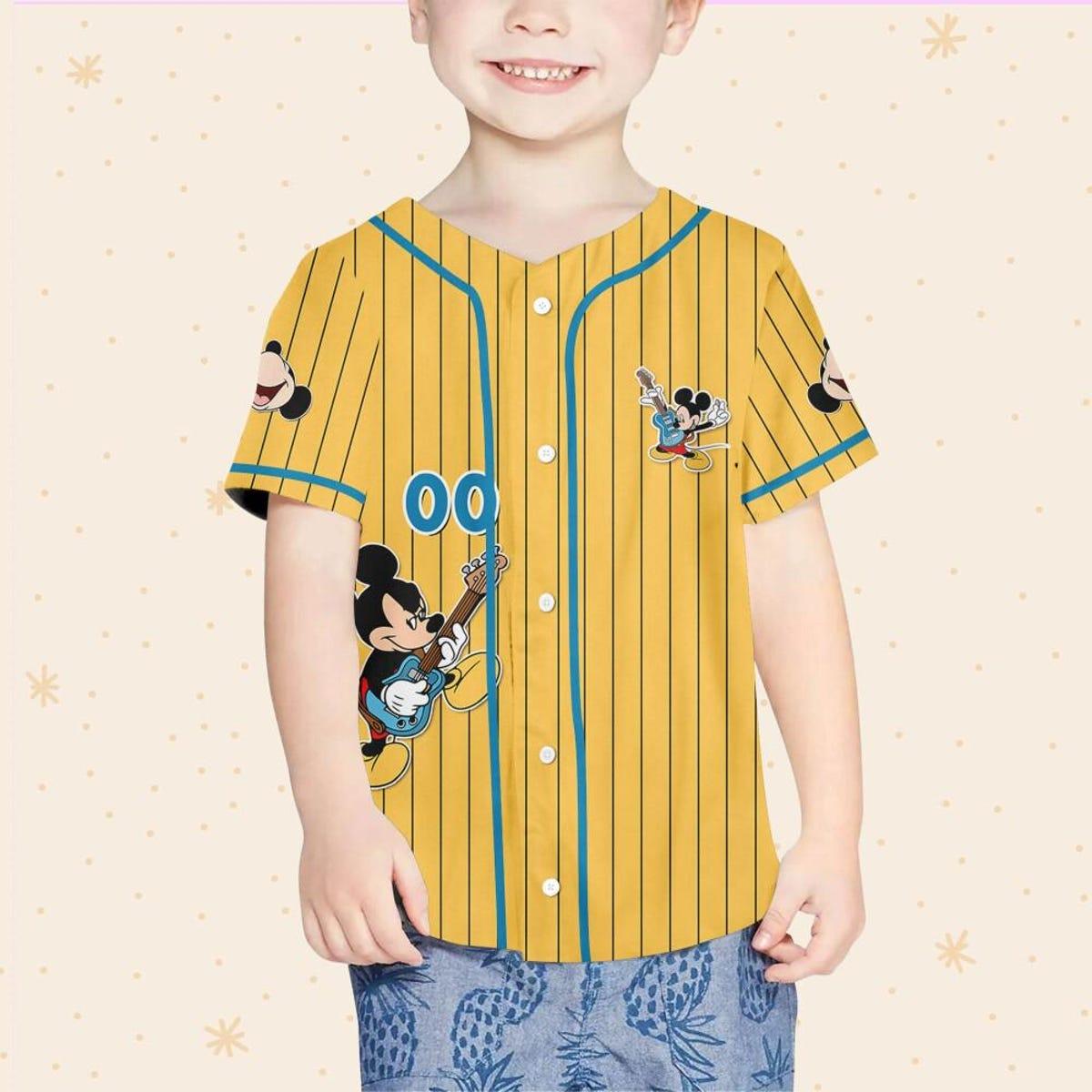 Personalize Disney Mickey Mouse Rock And Roll Yellow Cyan Baseball Jersey 4