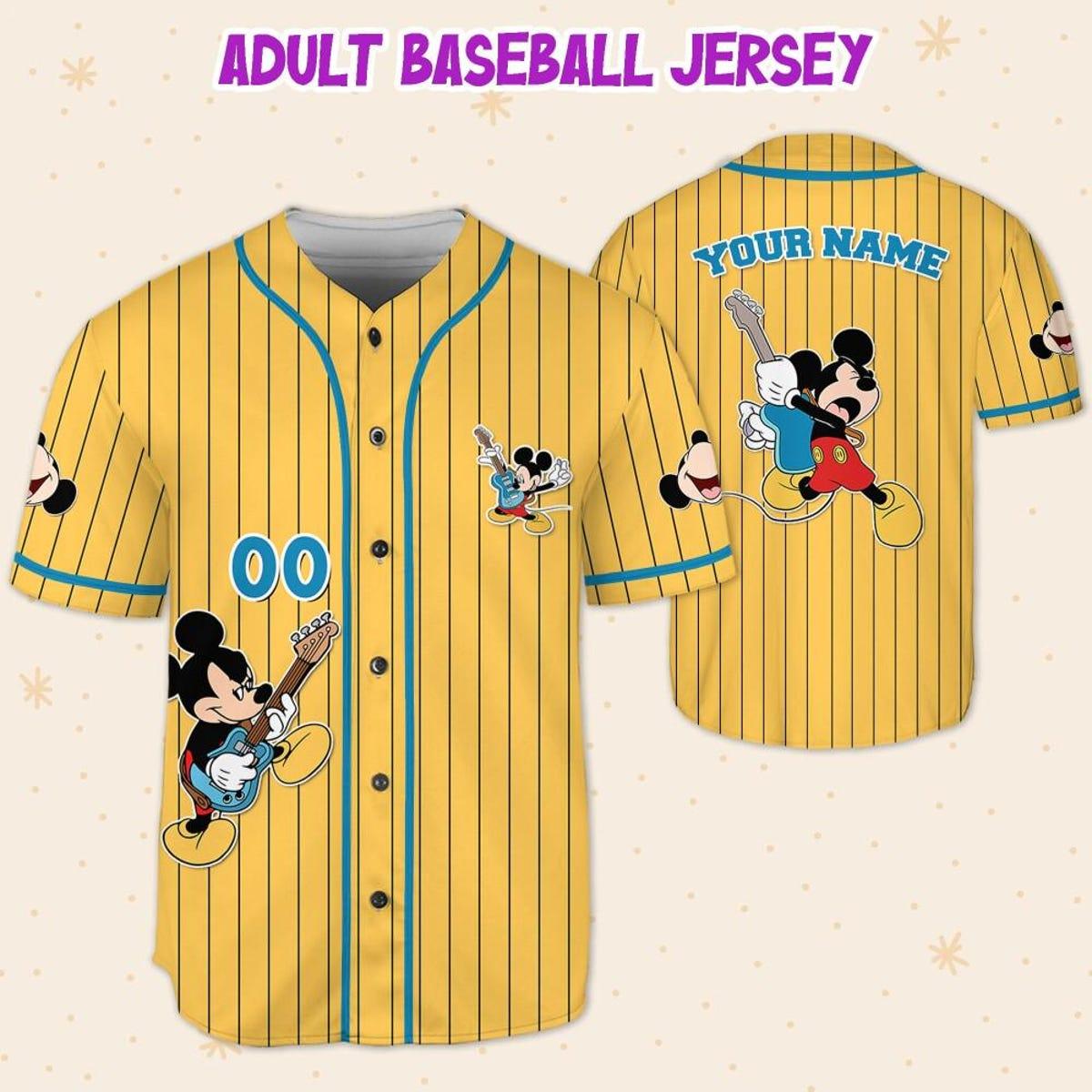 Personalize Disney Mickey Mouse Rock And Roll Yellow Cyan Baseball Jersey 5