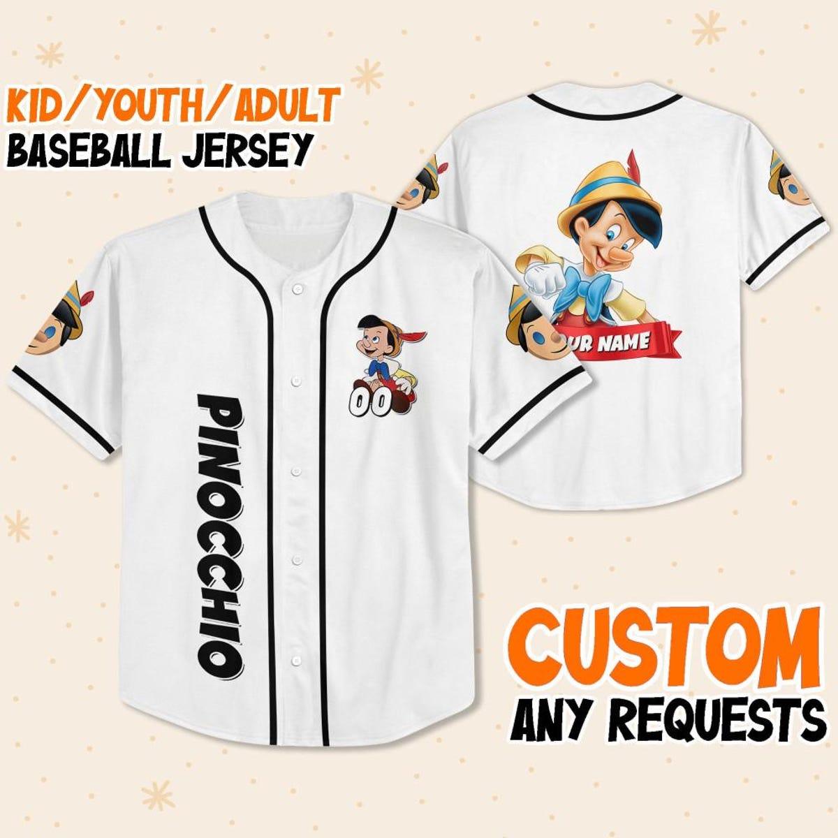 Personalize Disney Pinocchio Boy Smile White Black Baseball Jersey 1