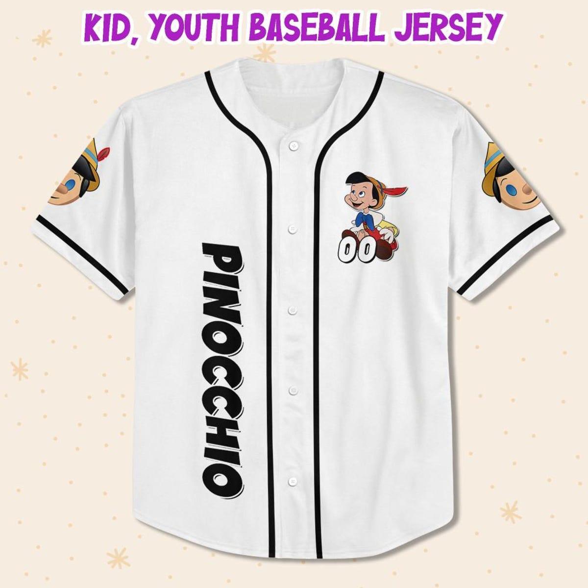 Personalize Disney Pinocchio Boy Smile White Black Baseball Jersey 2