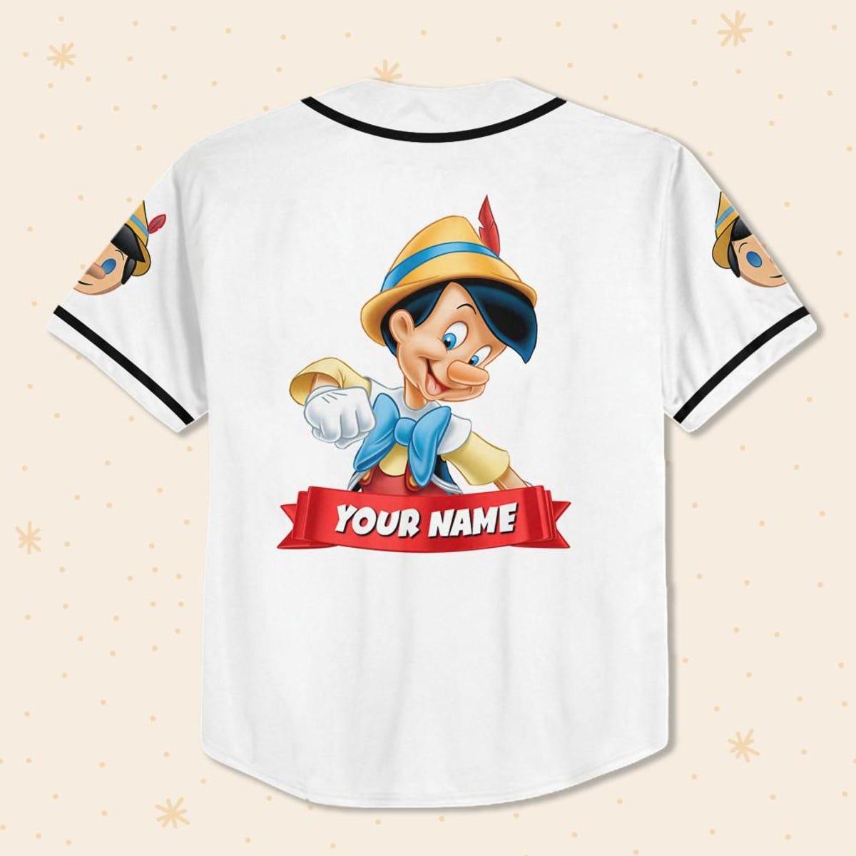 Personalize Disney Pinocchio Boy Smile White Black Baseball Jersey 3