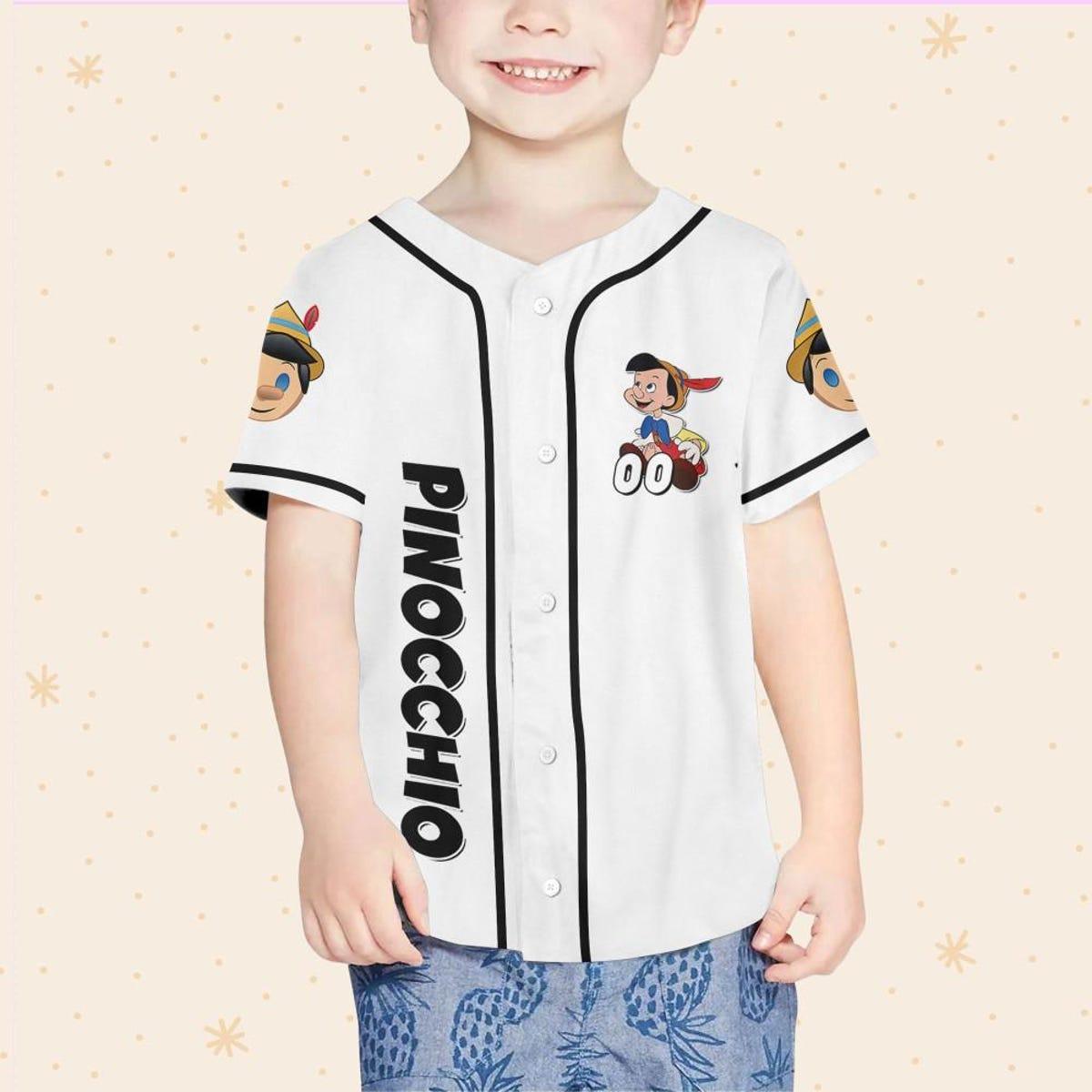 Personalize Disney Pinocchio Boy Smile White Black Baseball Jersey 4