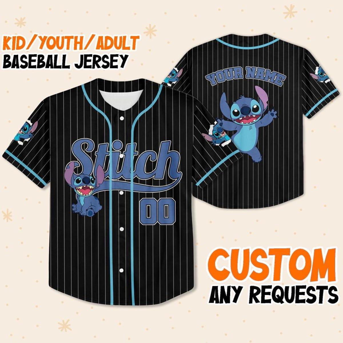 Personalize Disney Stitch Happy Striped Baseball Jersey 1