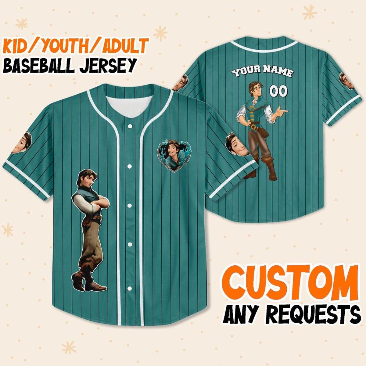 Personalize Disney Tangled Prince Flynn Rider Cyan Baseball Jersey 1