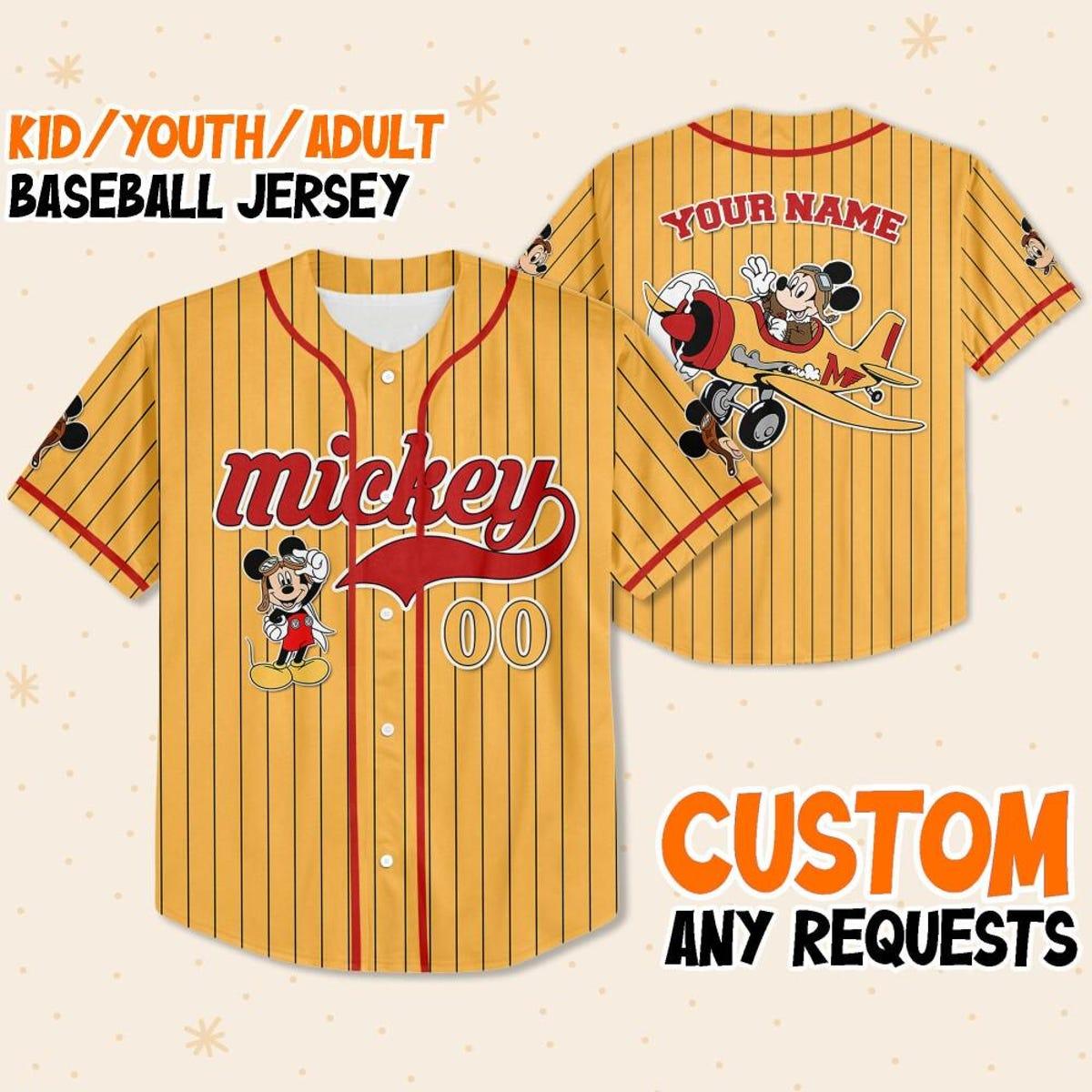 Personalize Mickey Mouse Fly A Plane Yellow Red Baseball Jersey 1