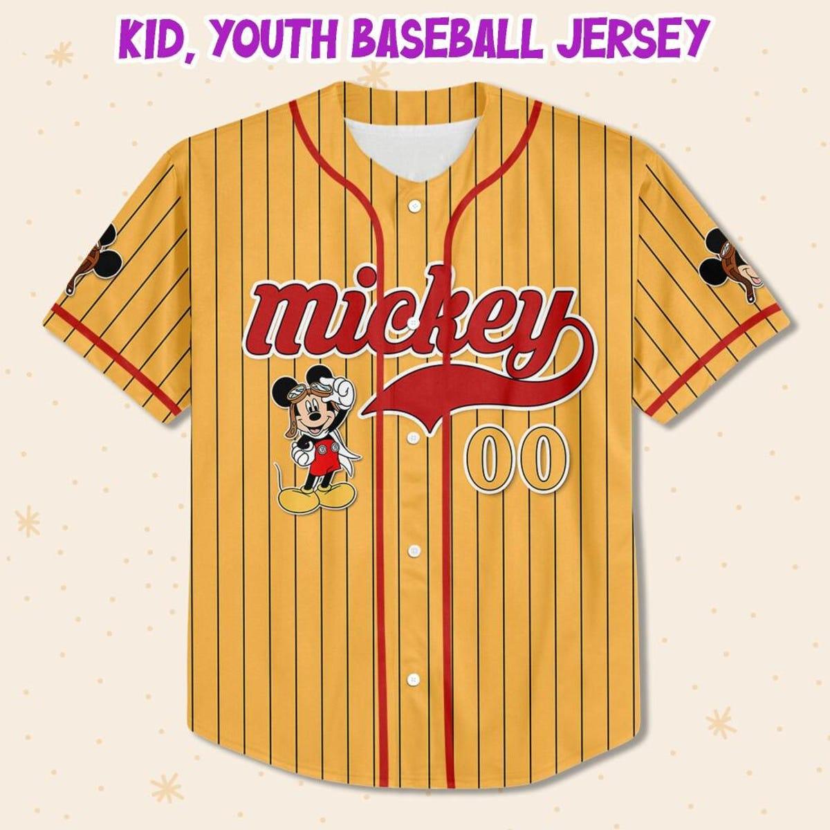 Personalize Mickey Mouse Fly A Plane Yellow Red Baseball Jersey 2