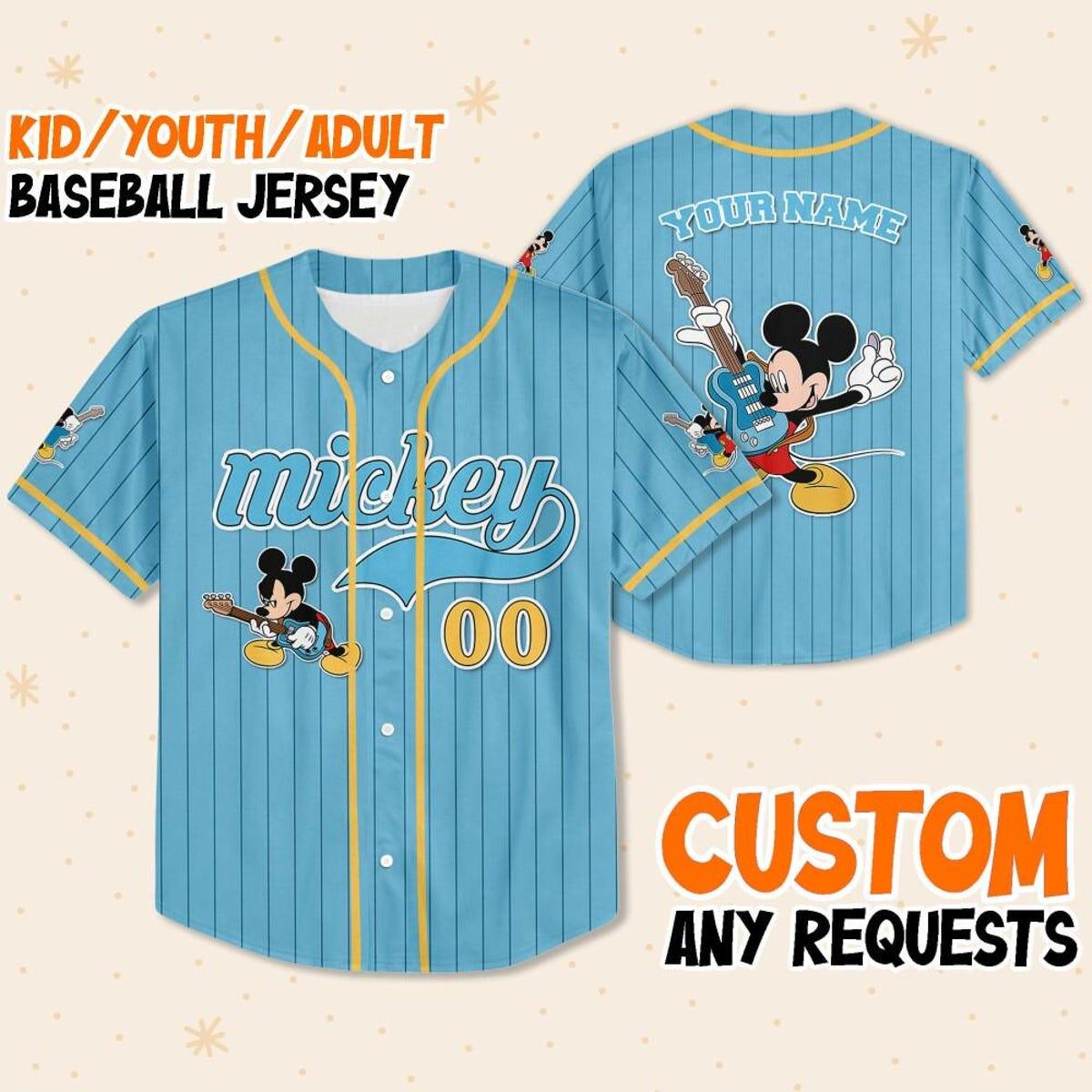 Personalize Mickey Mouse Rock And Roll Blue Yellow Baseball Jersey 1