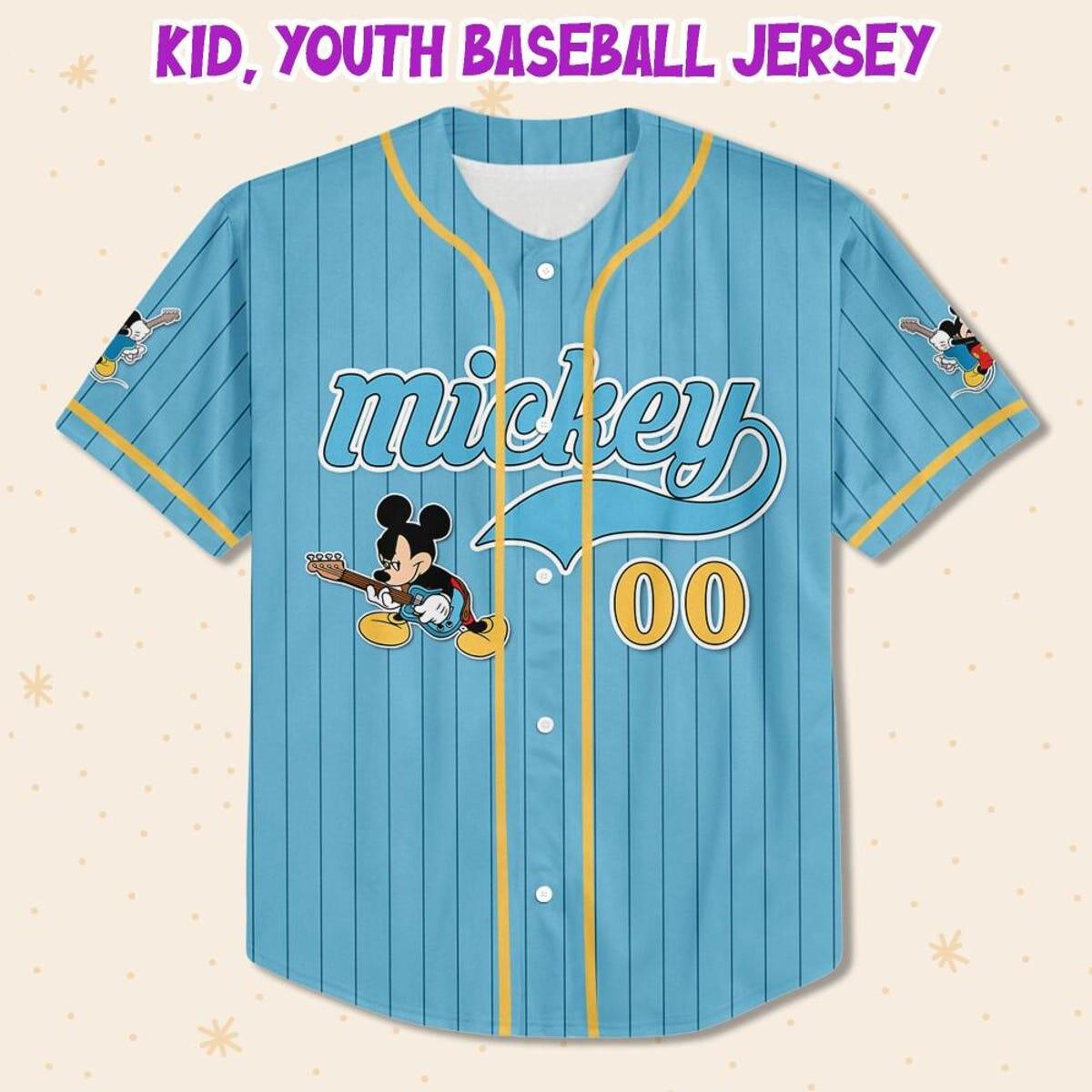 Personalize Mickey Mouse Rock And Roll Blue Yellow Baseball Jersey 2