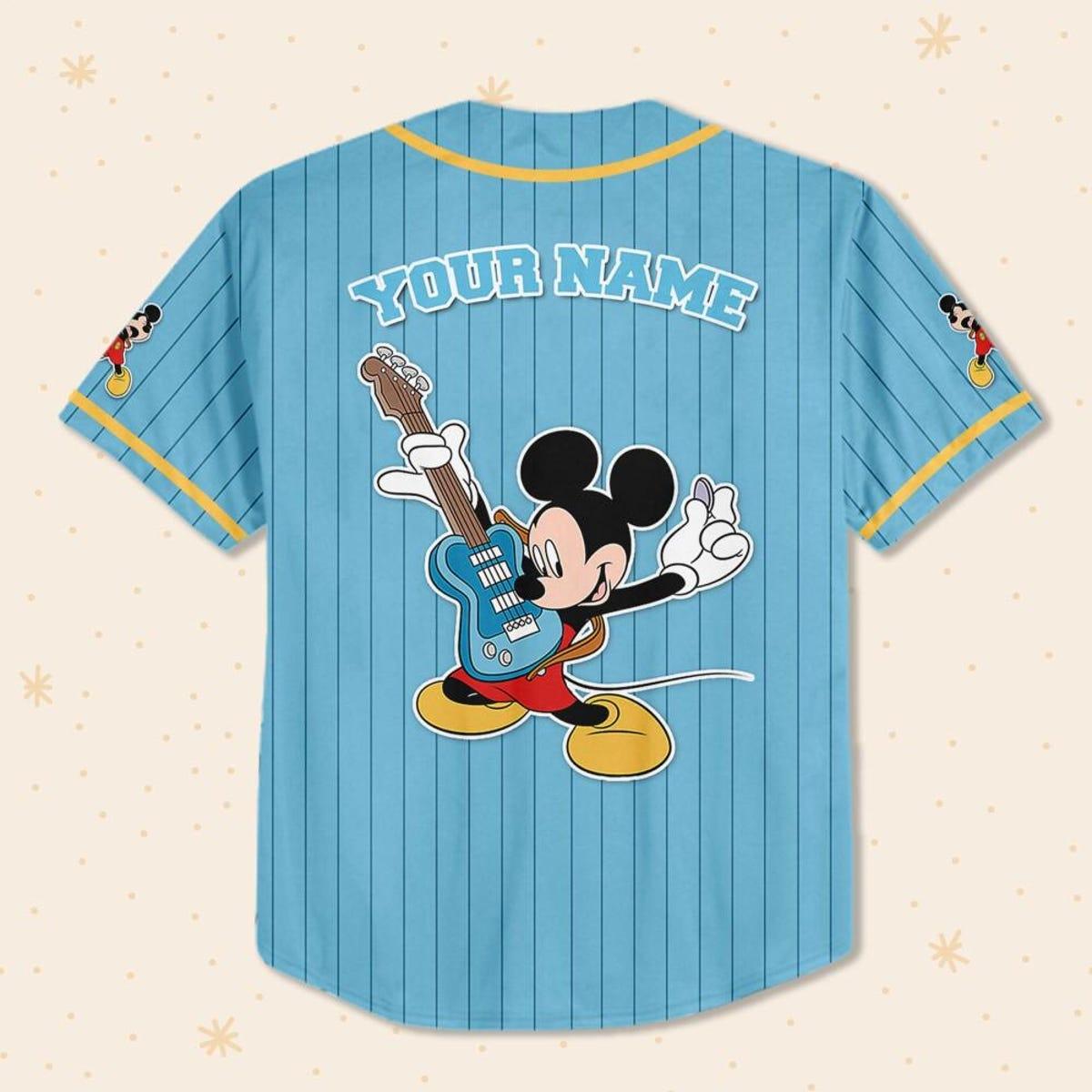 Personalize Mickey Mouse Rock And Roll Blue Yellow Baseball Jersey 3