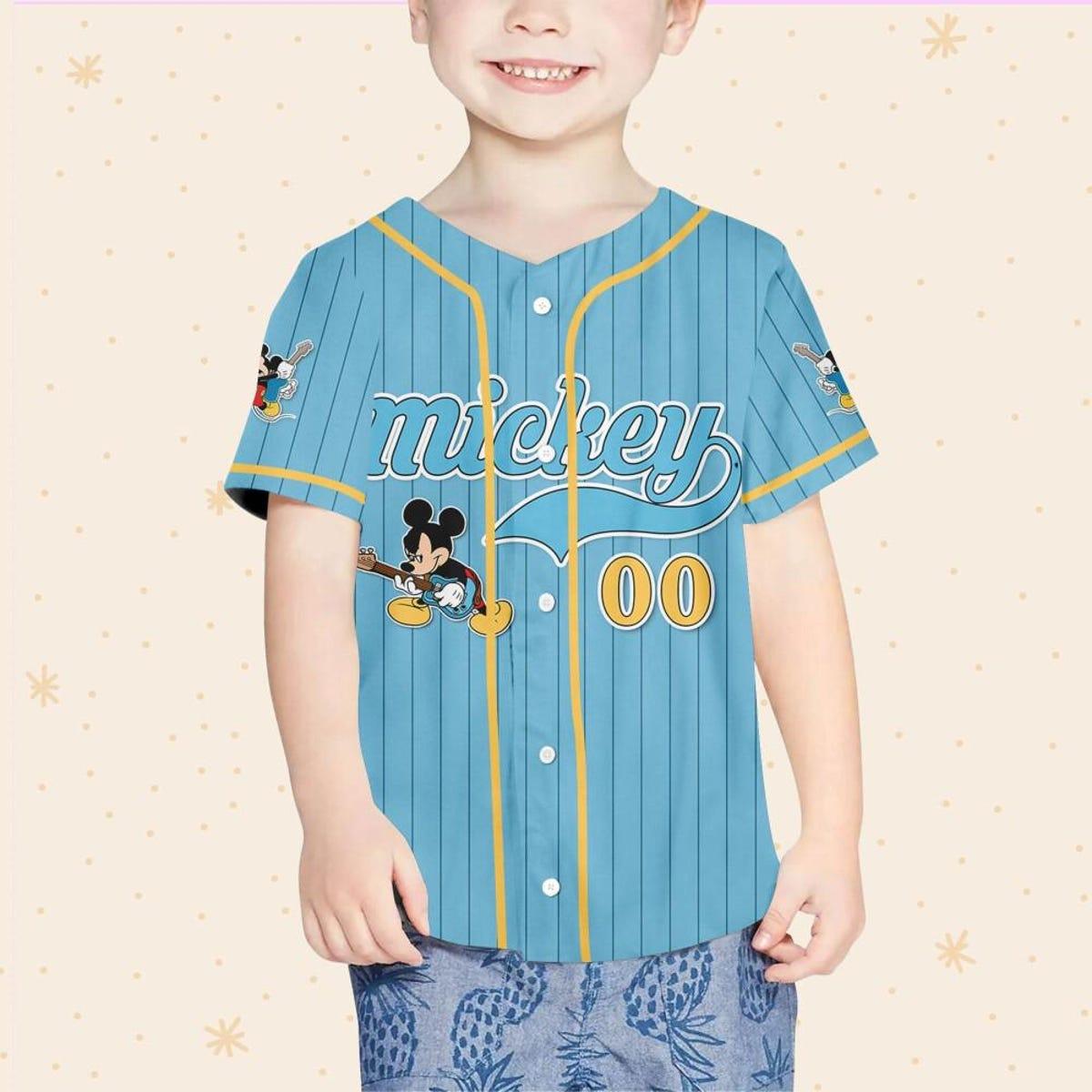 Personalize Mickey Mouse Rock And Roll Blue Yellow Baseball Jersey 4