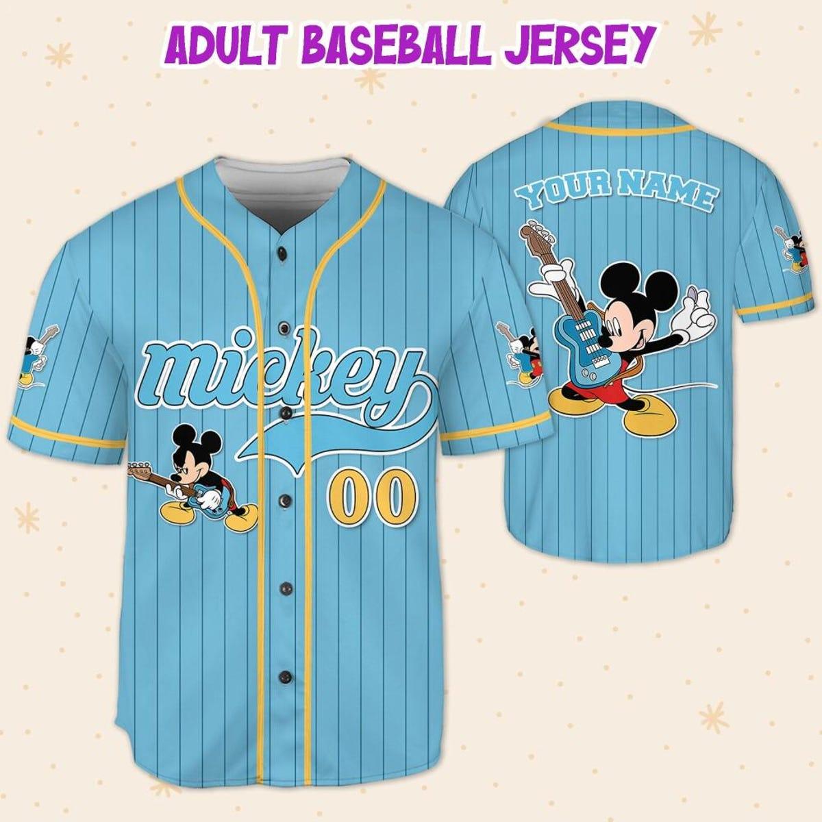 Personalize Mickey Mouse Rock And Roll Blue Yellow Baseball Jersey 5