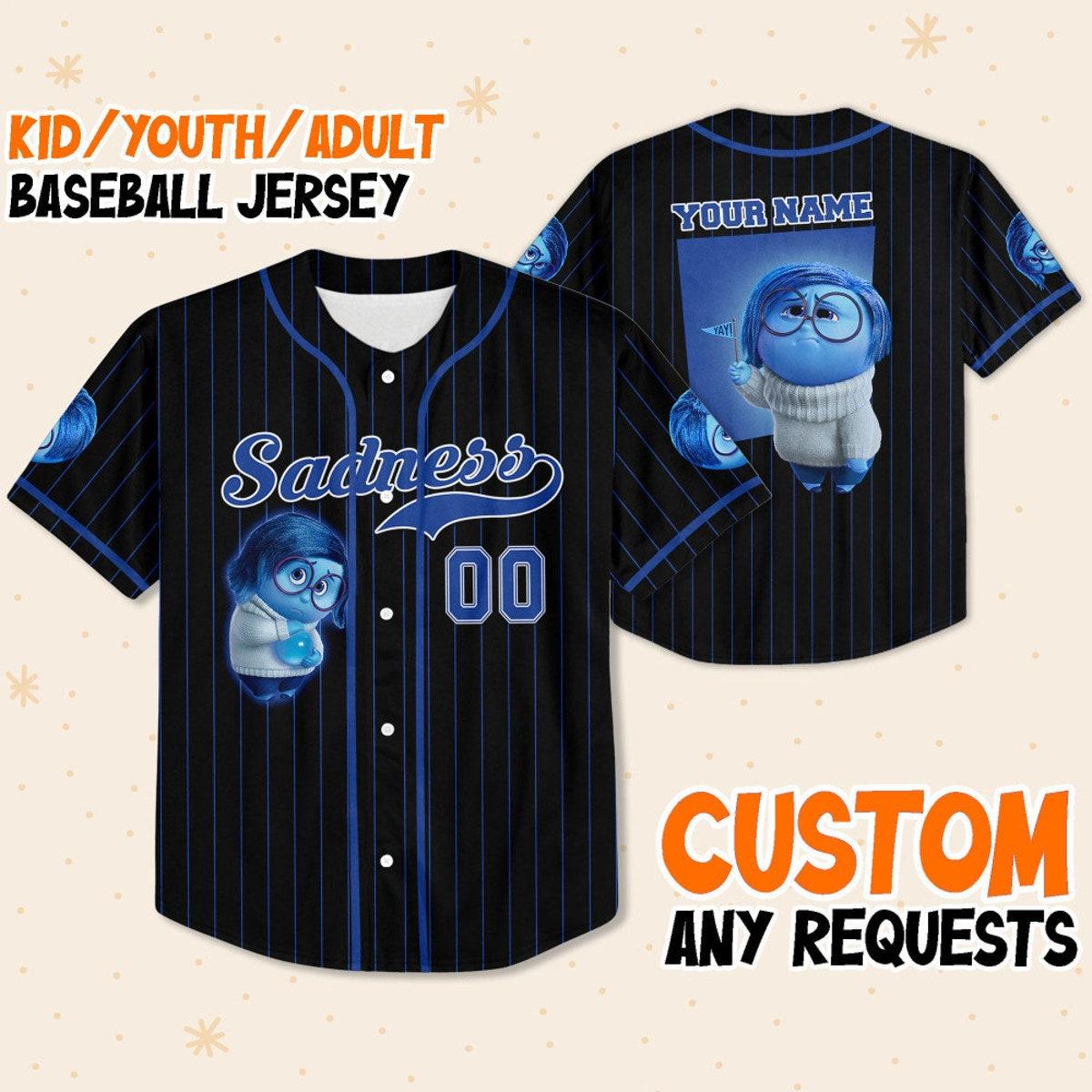 Personalize Sadness Jersey Blue Black Disney Baseball Jersey 1