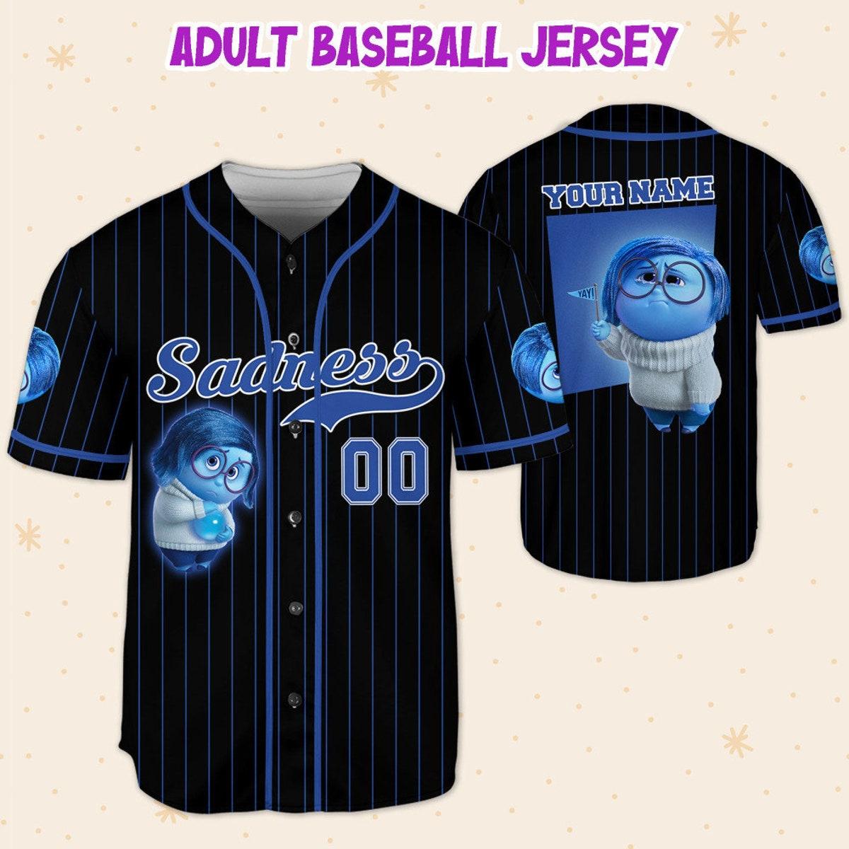 Personalize Sadness Jersey Blue Black Disney Baseball Jersey 5