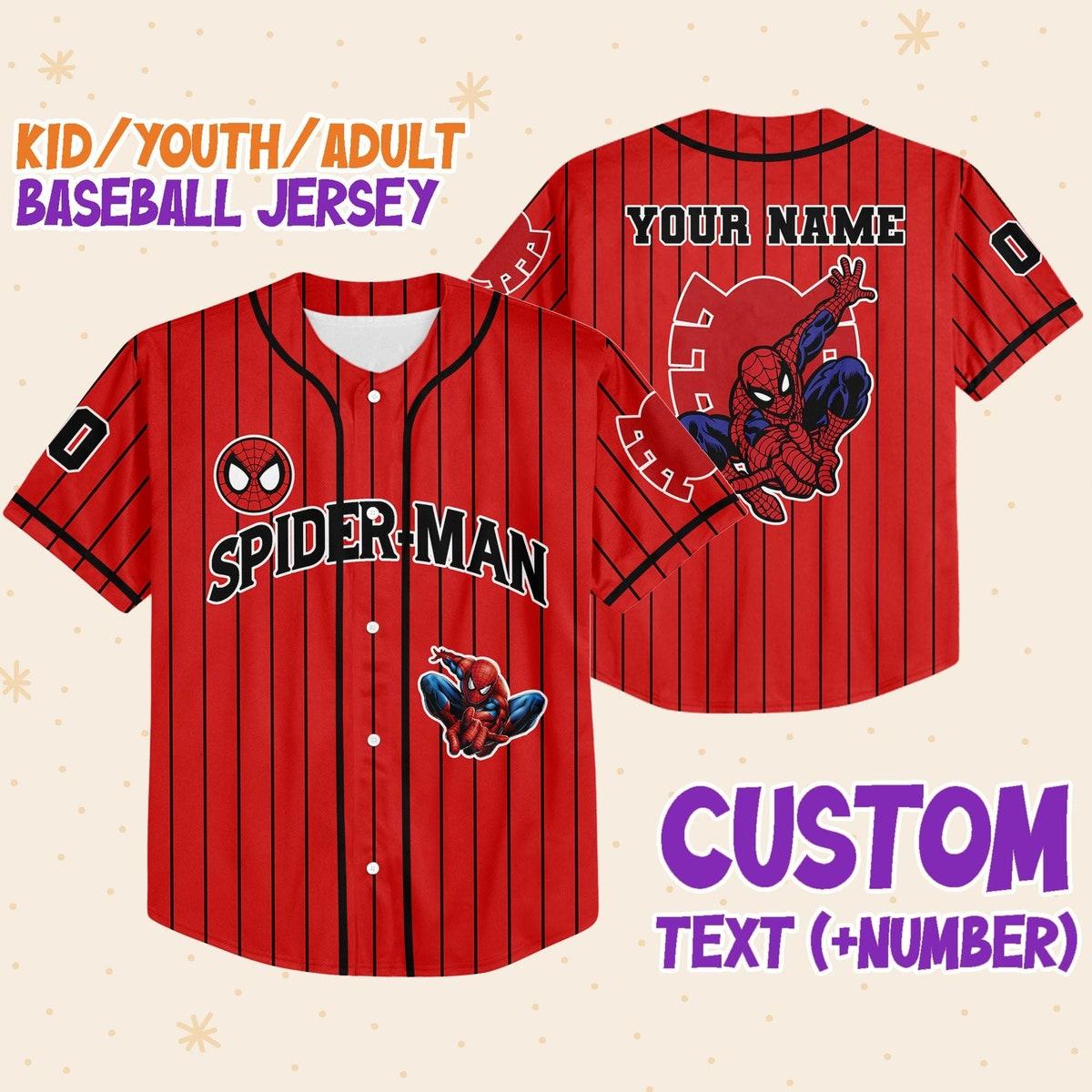 Personalize Spiderman Red Striped Black Disney Baseball Jersey 1