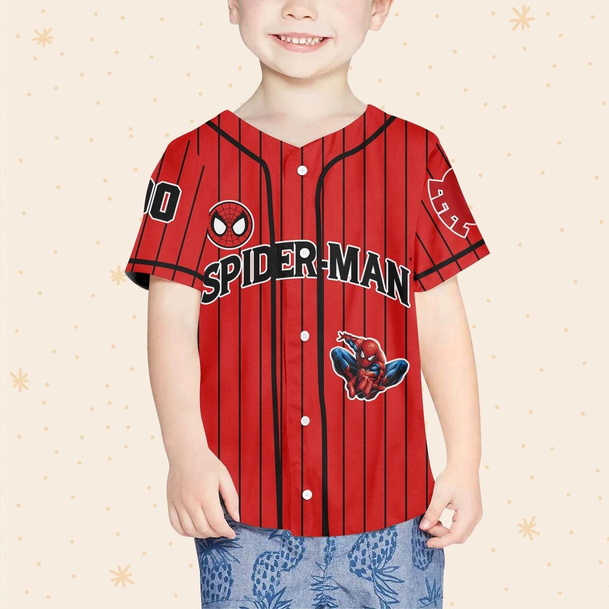 Personalize Spiderman Red Striped Black Disney Baseball Jersey 4