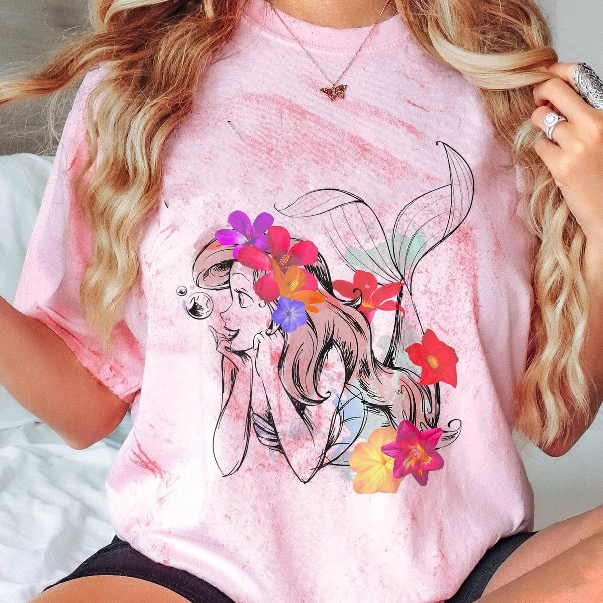 Princess Ariel In Floral Watercolor The Little Mermaid Disney Girl Shirt 1