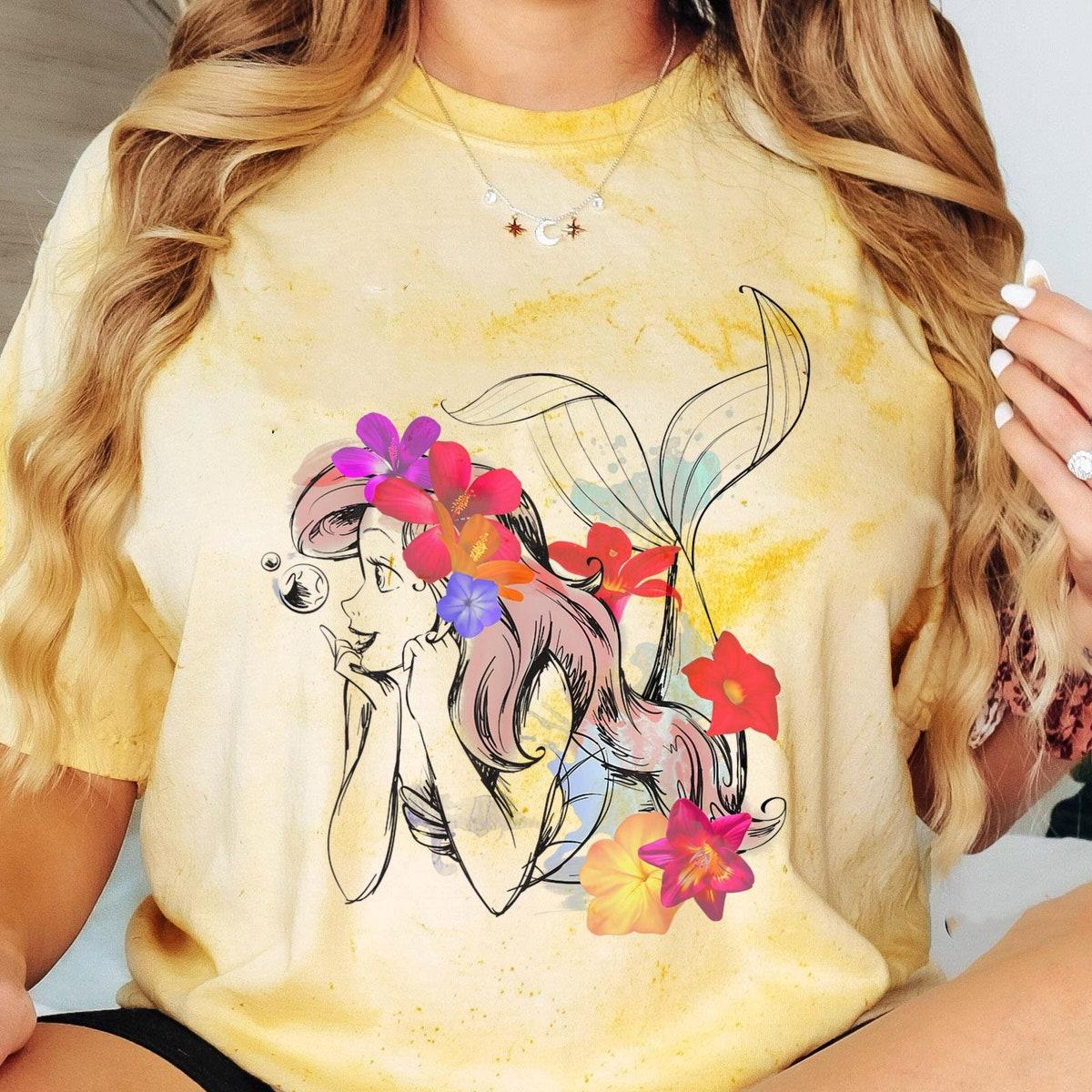 Princess Ariel In Floral Watercolor The Little Mermaid Disney Girl Shirt 3