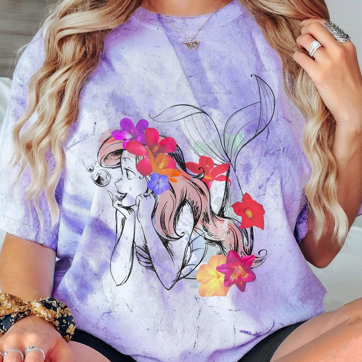 Princess Ariel In Floral Watercolor The Little Mermaid Disney Girl Shirt 6