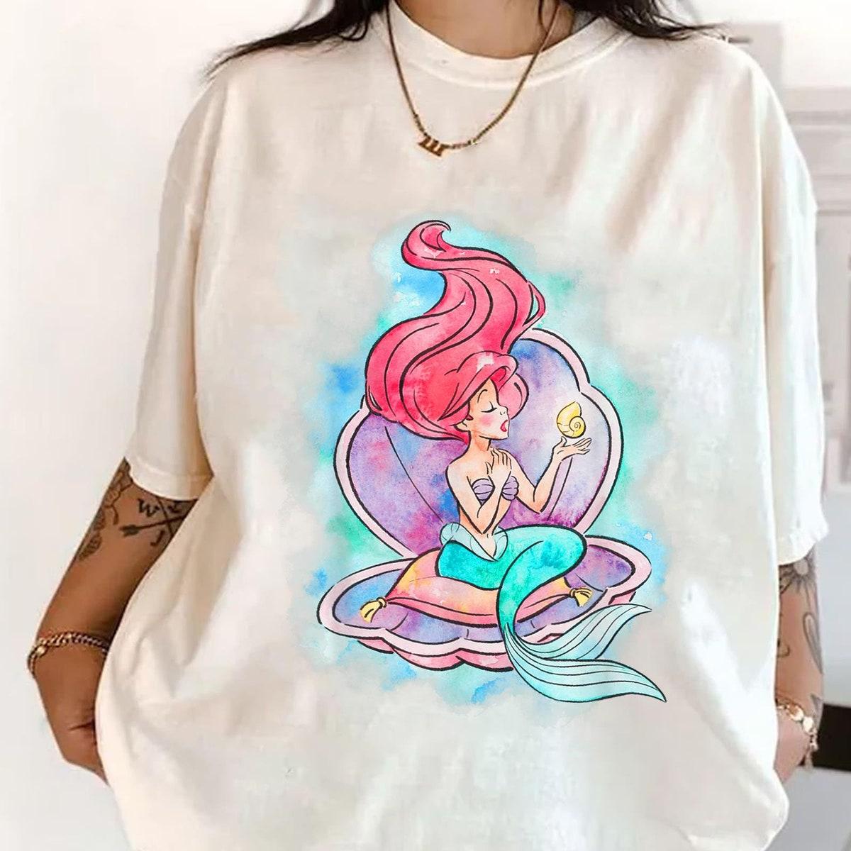 Princess Ariel In Shell Watercolor The Litlle Mermaid Disney Girl Shirt 1