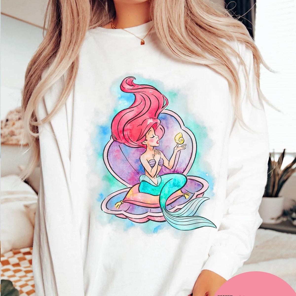 Princess Ariel In Shell Watercolor The Litlle Mermaid Disney Girl Shirt 4