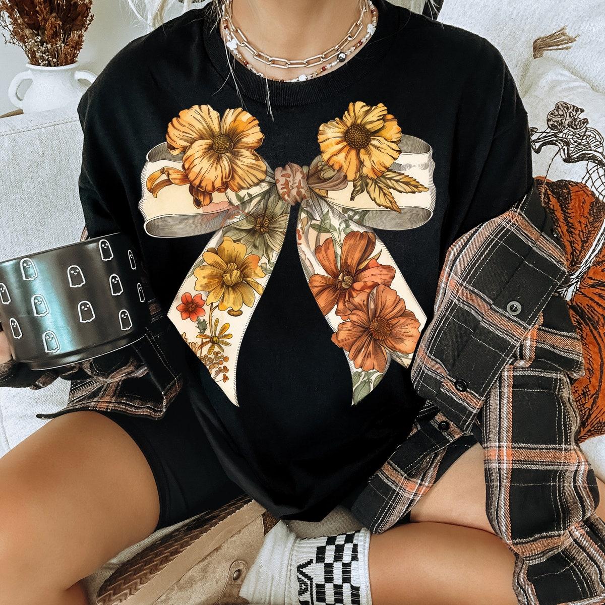 Retro Floral Fall Pumpkin Bow Halloween Shirt 2