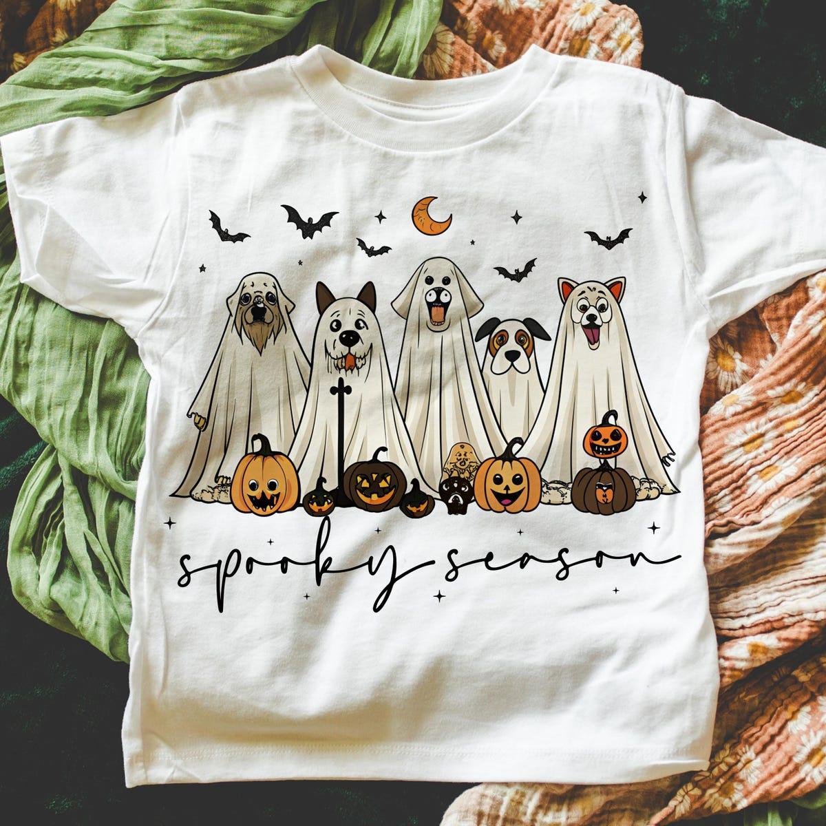 Retro Ghost Dog Spooky Season Halloween Pumpkin Dog Shirt 2