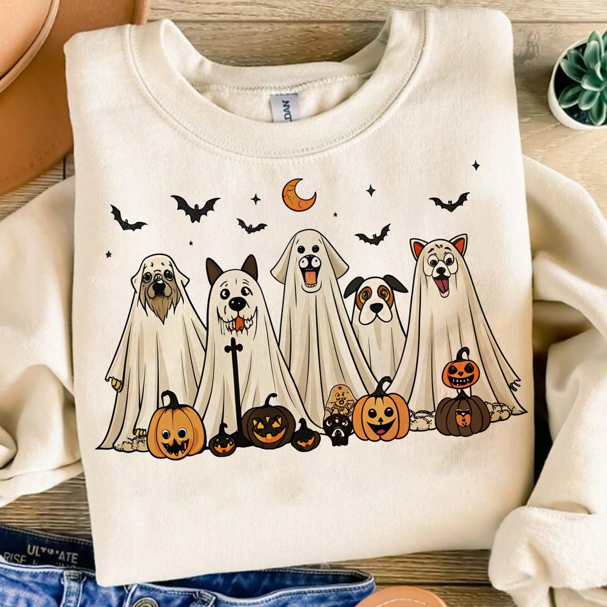 Retro Ghost Dog Spooky Season Halloween Pumpkin Dog Shirt 3