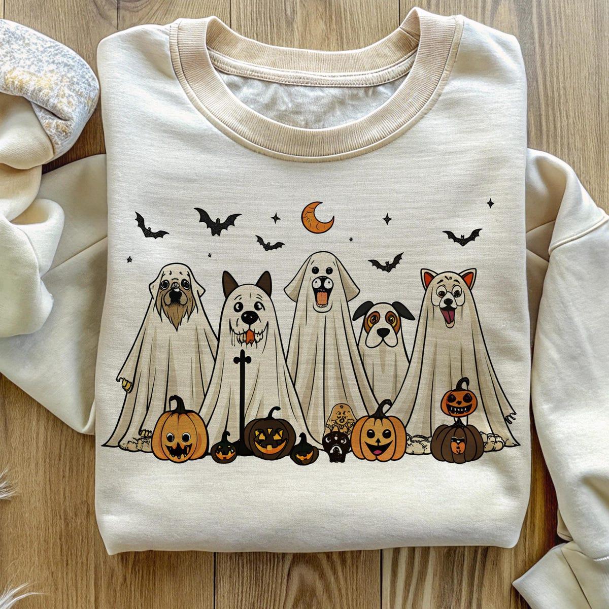 Retro Ghost Dog Spooky Season Halloween Pumpkin Dog Shirt 4