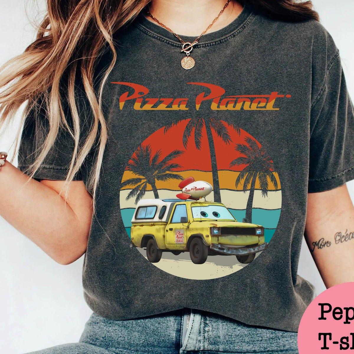 Retro Sunset Toy Story Cars Todd On The Beach Pizza Planet Shirt 1