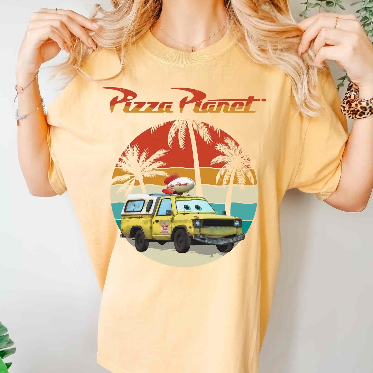 Retro Sunset Toy Story Cars Todd On The Beach Pizza Planet Shirt 2