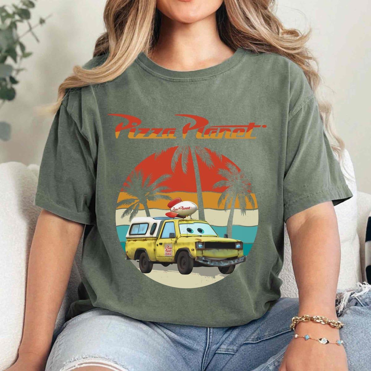 Retro Sunset Toy Story Cars Todd On The Beach Pizza Planet Shirt 4