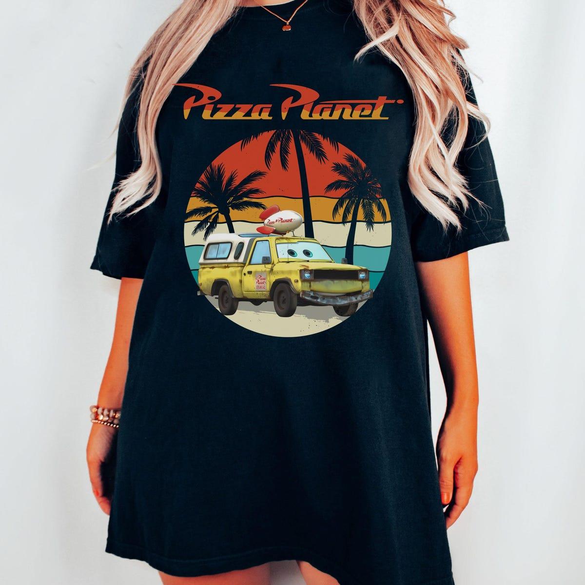 Retro Sunset Toy Story Cars Todd On The Beach Pizza Planet Shirt 5