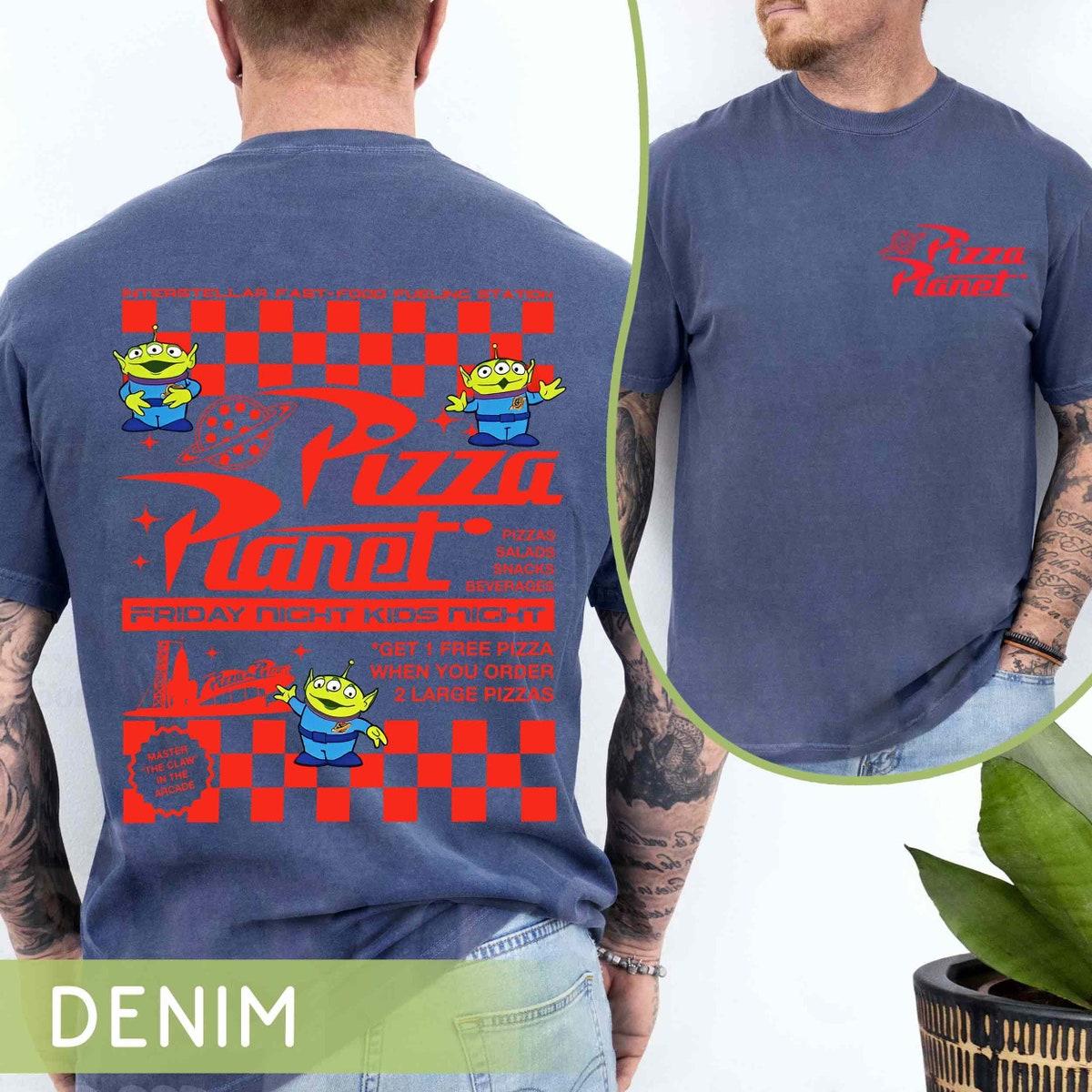 Two Sided Toy Story Aliens Pizza Planet Take Out Flyer Shirt 3