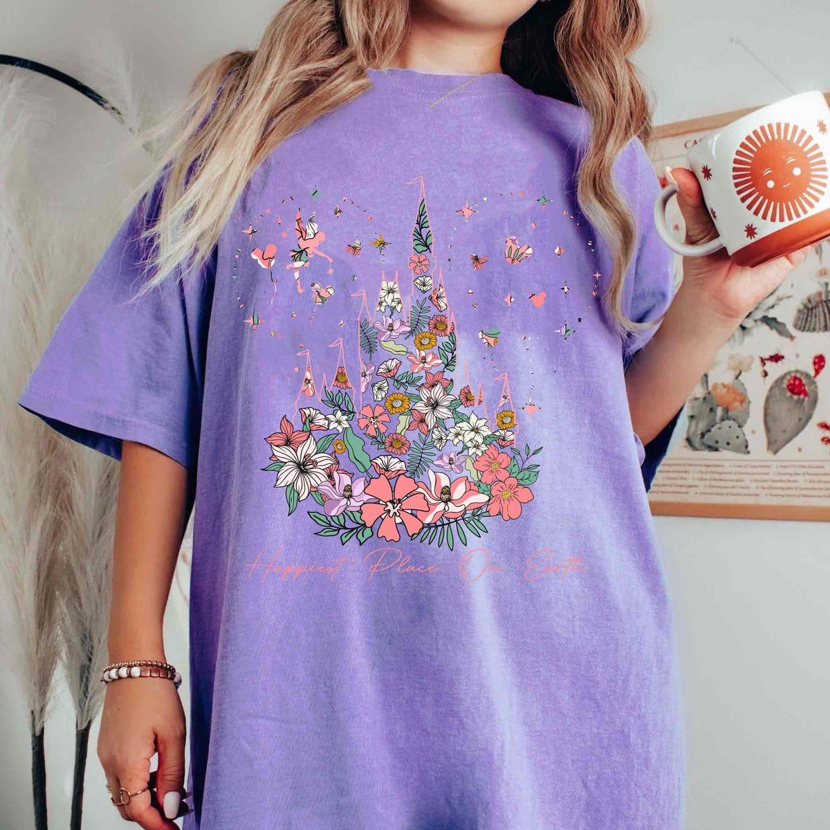 Vintage Disney Floral Castle Happiest Place On Earth Shirt 3