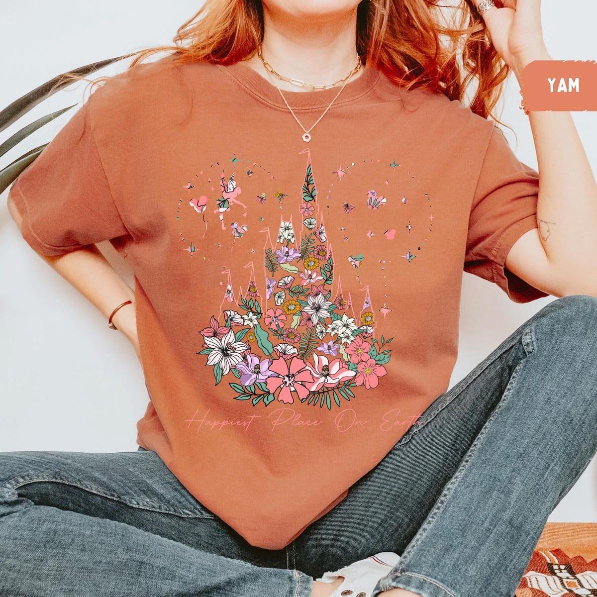 Vintage Disney Floral Castle Happiest Place On Earth Shirt 5