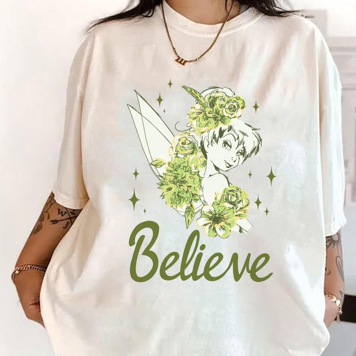 Vintage Tinker Bell With Flowers Believe Shirt 3